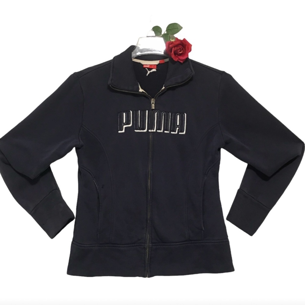 VTG PUMA Full Zip Mock Neck Blue Jacket Cotton Blend Spell out